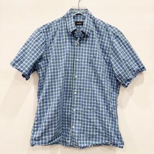 Neiman Marcus Check Short Sleeve Button Down Shirt Blue Medium